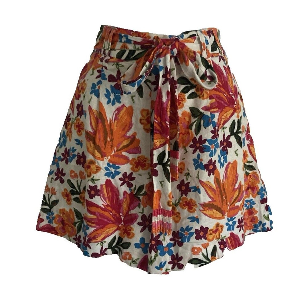 C and C California Womens Floral  Shorts Size 6 Linen Blend Belted Beaded Fringe